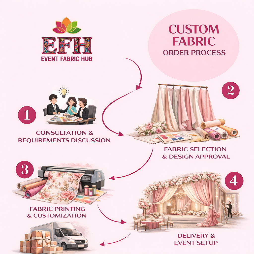 Step-by-step custom event fabric printing and installation process by Event Fabric Hub